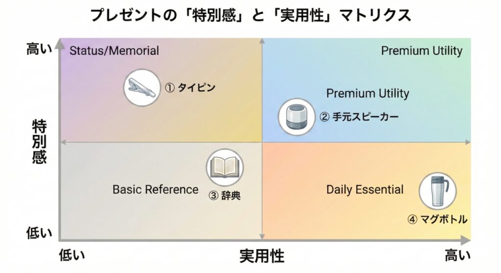 縦軸に「特別感」、横軸に「実用性」を設定した、男性向けプレゼント4種（タイピン、手元スピーカー、辞典、マグボトル）のポジショニングマップ。タイピンは思い出に残る特別感が高く、マグボトルや手元スピーカーは日常の利便性を高める実用性が高いことを示しています。