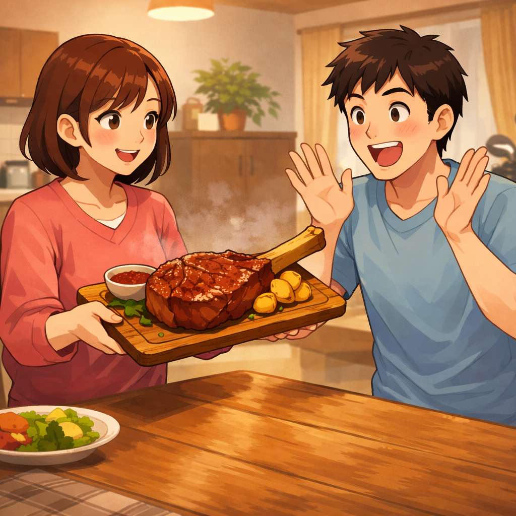 キッチンで女性が骨付き肉（トマホークステーキ）をプレゼントし、男性が嬉しそうに驚いているイラスト