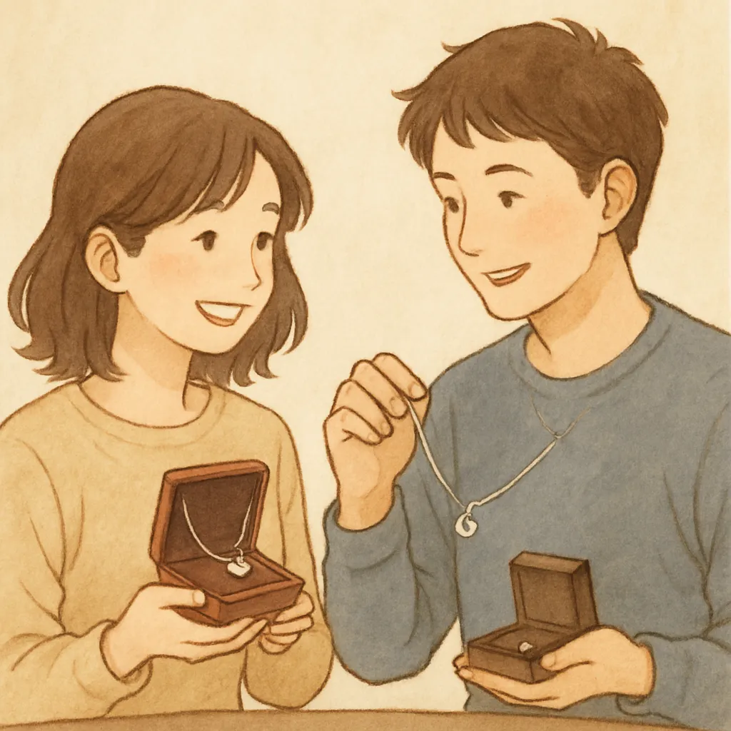 優しい雰囲気の中でネックレスを贈り合うカップルの温かいイラスト