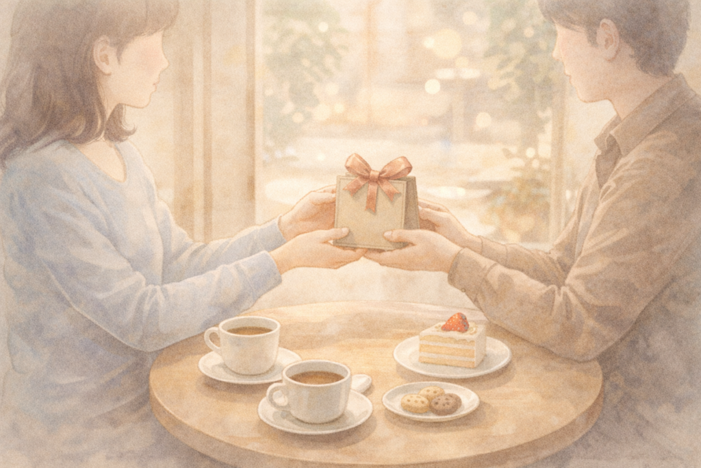 カフェのテーブルでリボン付きのギフトを手渡す二人と、コーヒーとケーキのある風景