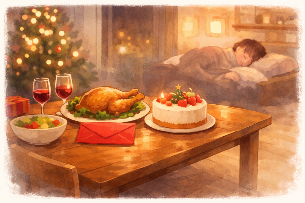 クリスマスの食卓にローストチキンとケーキ、赤い封筒の手紙が置かれている温かな室内のイラスト