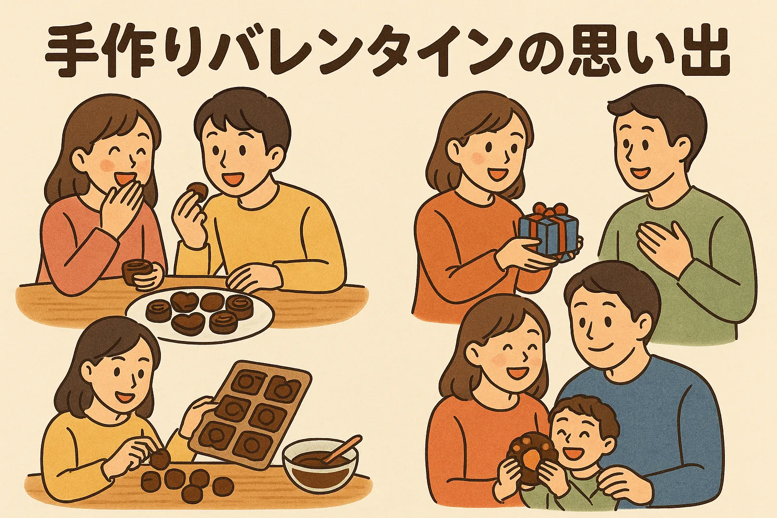 手作りチョコレートを囲むカップルや家族のぬくもりあふれるバレンタインのイラスト
