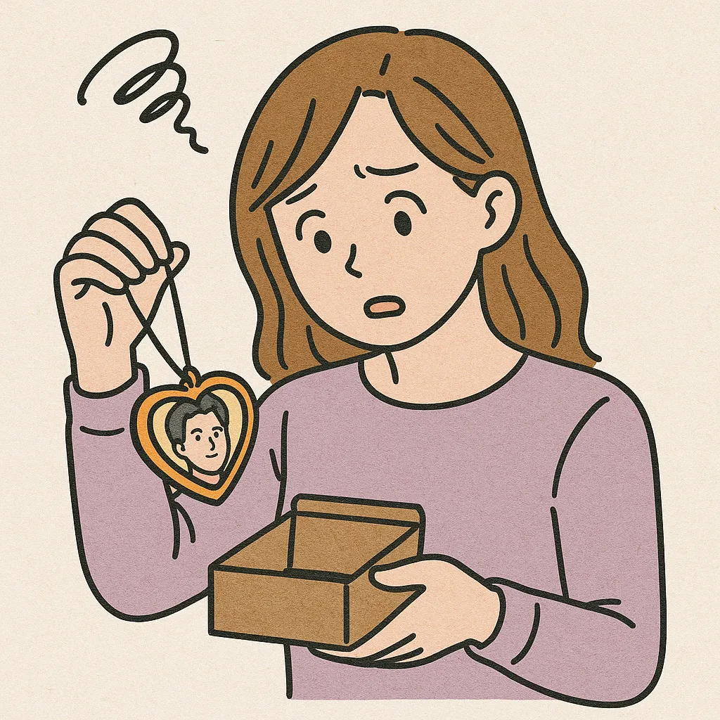 ハート型のペンダントを手に、彼の写真を見つめながら困惑した表情を浮かべる女性の漫画風イラスト