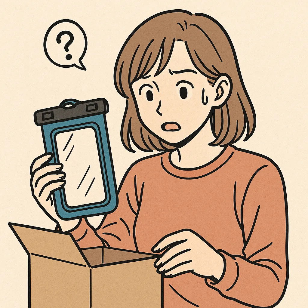 防水スマホケースを手に困惑した表情を浮かべる女性が、段ボール箱の中をのぞき込むカジュアルな漫画風イラスト