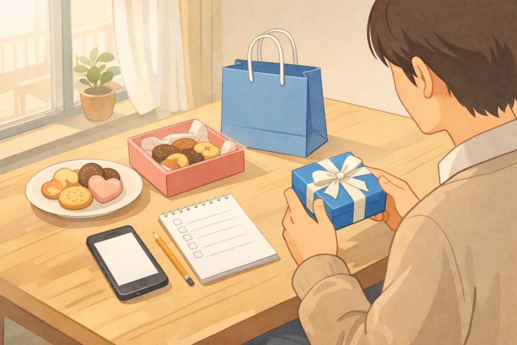 自宅のテーブルで、リボン付きのギフト箱とお菓子を前にお返しを選ぶ人物