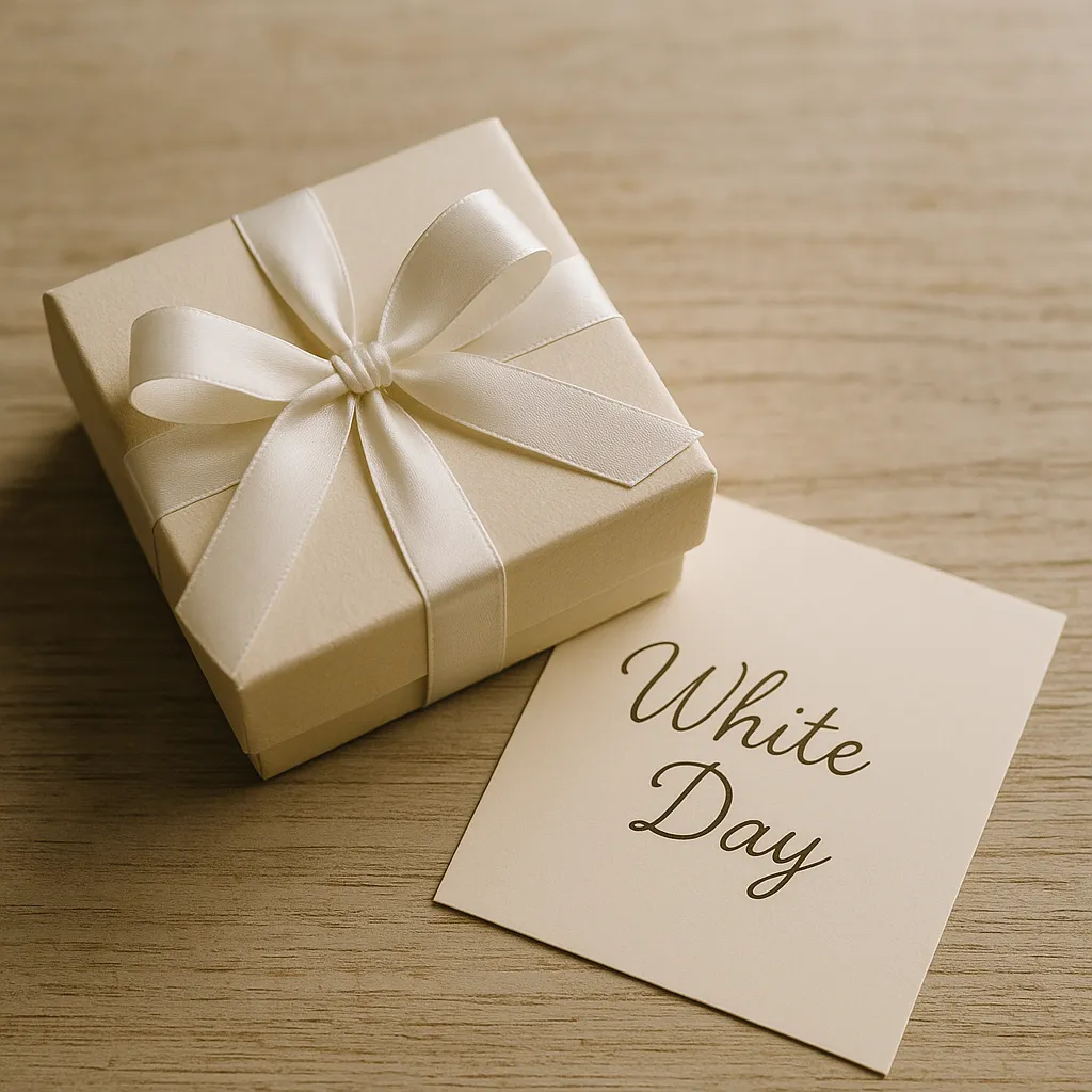 木目の机の上に置かれた、白いリボンがかけられたクリーム色のギフトボックスと「White Day」と書かれたカード