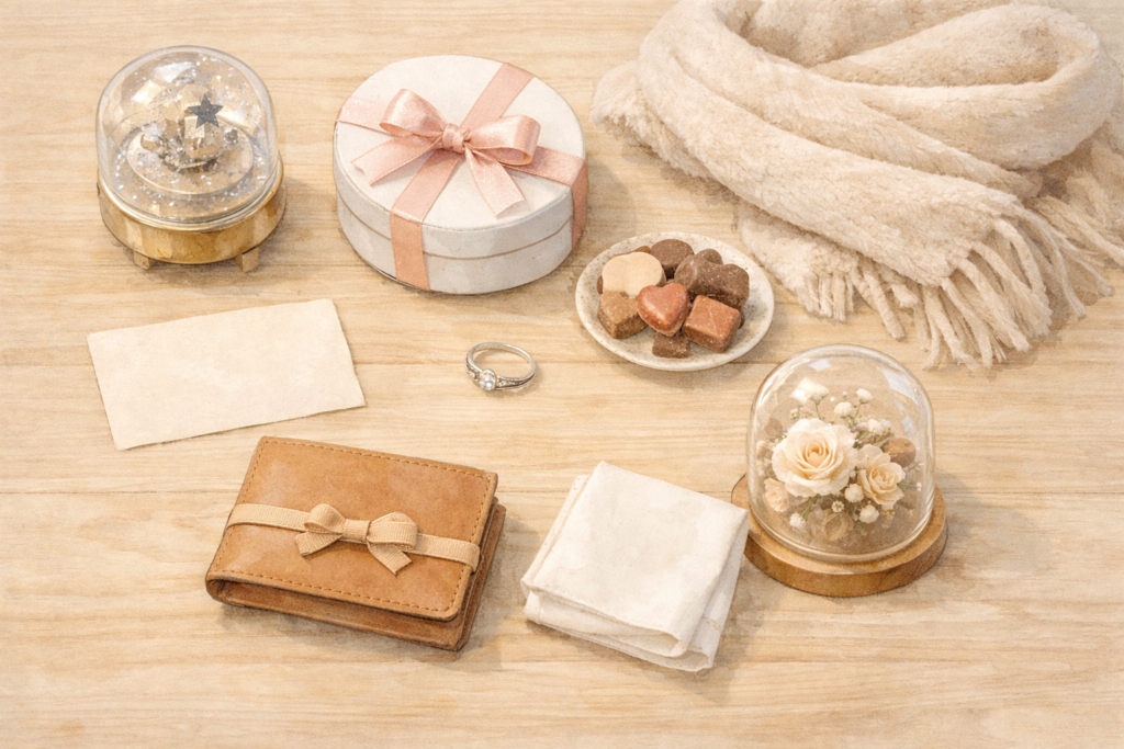 ホワイトデーの贈り物を並べたフラットレイ(オルゴール、スイーツ、マフラー、指輪、財布、花、ハンカチ)