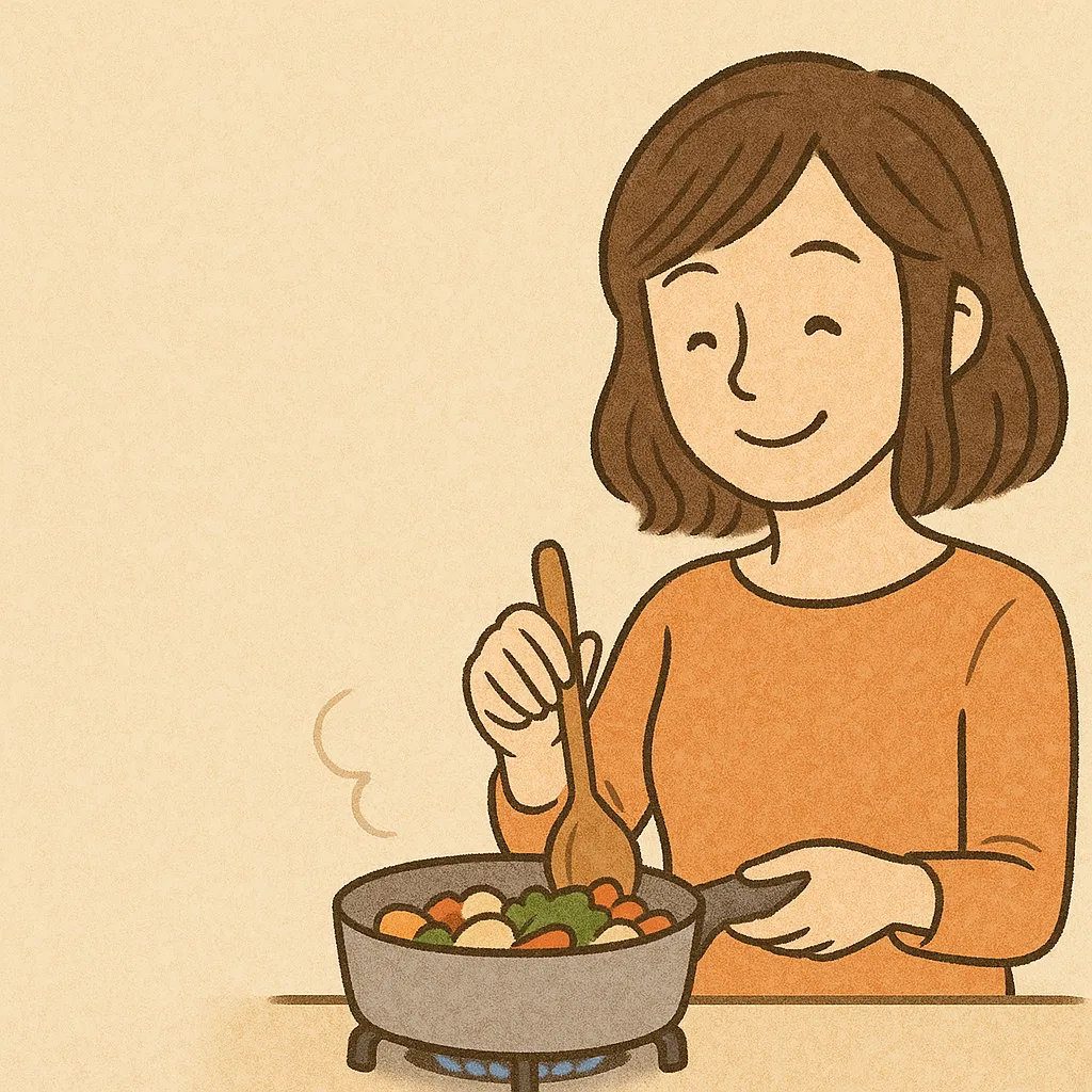 野菜たっぷりの鍋料理を作る笑顔の女性のイラスト