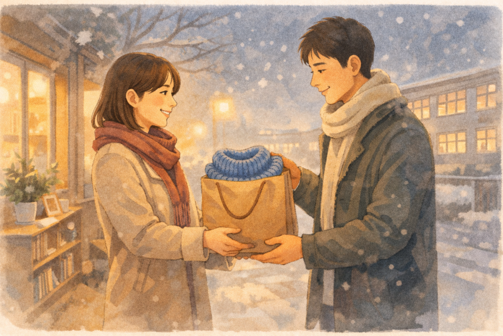 雪の夕方、紙袋に入った手編みのセーターを渡す女性と受け取る男性