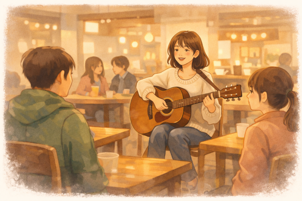 大学の学食で女性がアコースティックギターを弾きながら歌い、周りの人が見守っているイラスト