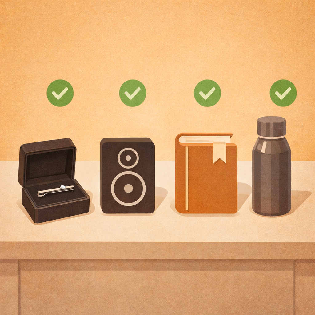 タイピン、手元スピーカー、辞典、マグボトルの4アイテムを並べたイラスト