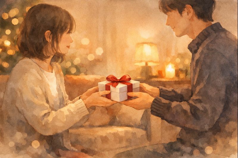 暖かな部屋でプレゼントを手渡すカップルのイラスト