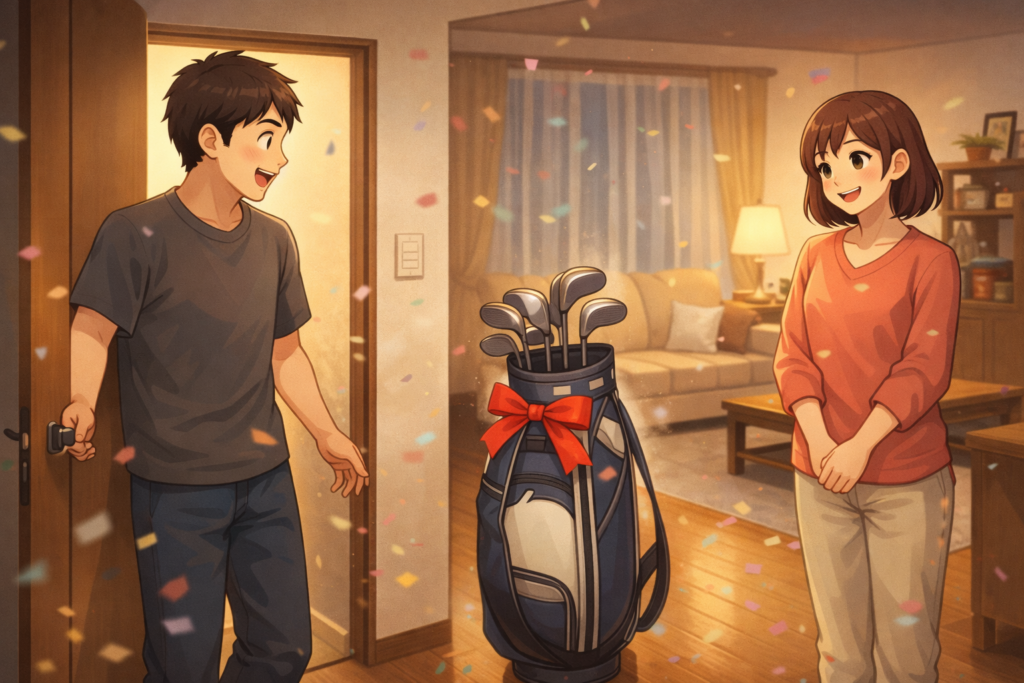 リビングの中央に置かれたゴルフバッグを見て驚く男性と、笑顔で見守る女性のイラスト