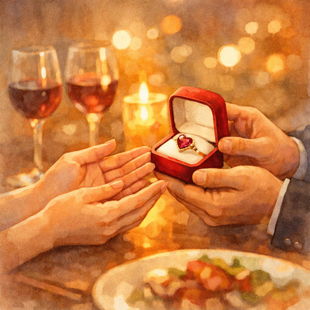 キャンドルの灯る食卓で、赤いリングケースに入ったハート形の宝石の指輪を手渡す様子のイラスト