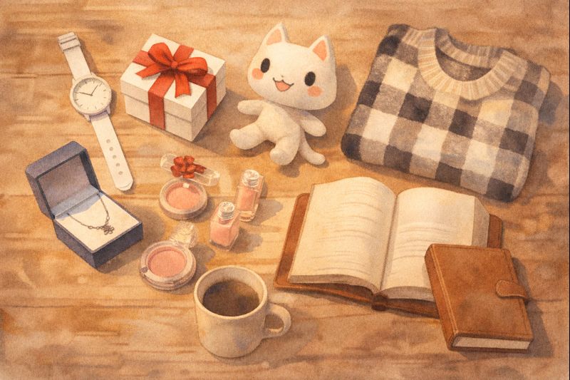 腕時計やぬいぐるみ、アクセサリーや本など贈り物を並べたイラスト