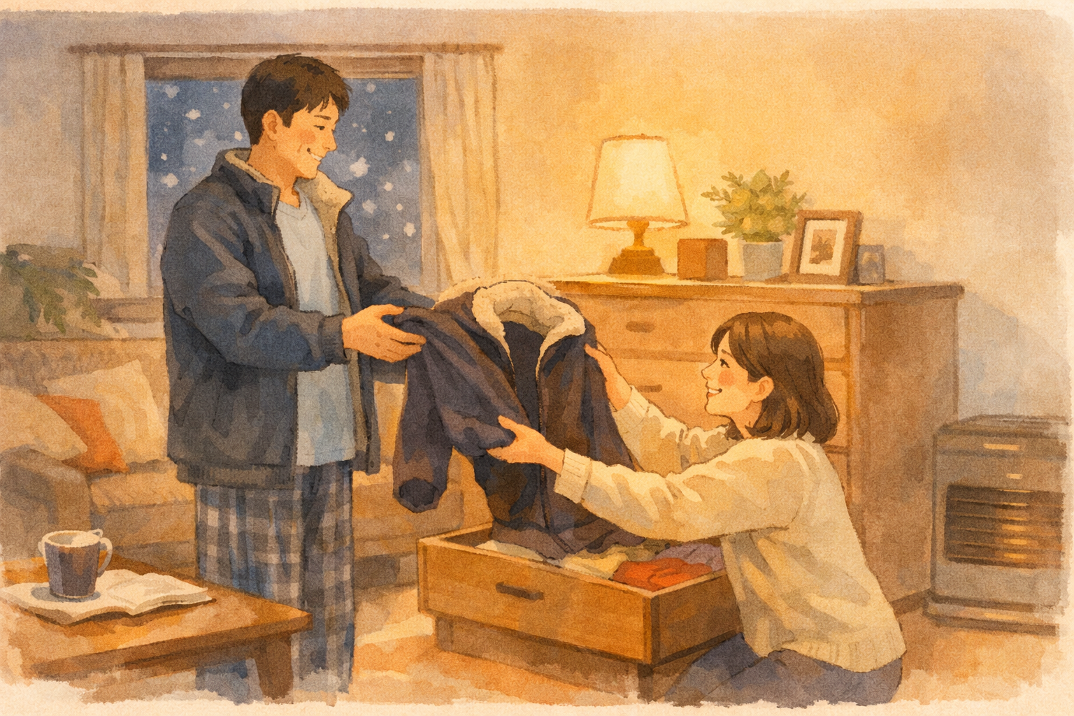 冬のリビングで、タンスから出したフリースジャケットを手渡す妻と受け取る夫