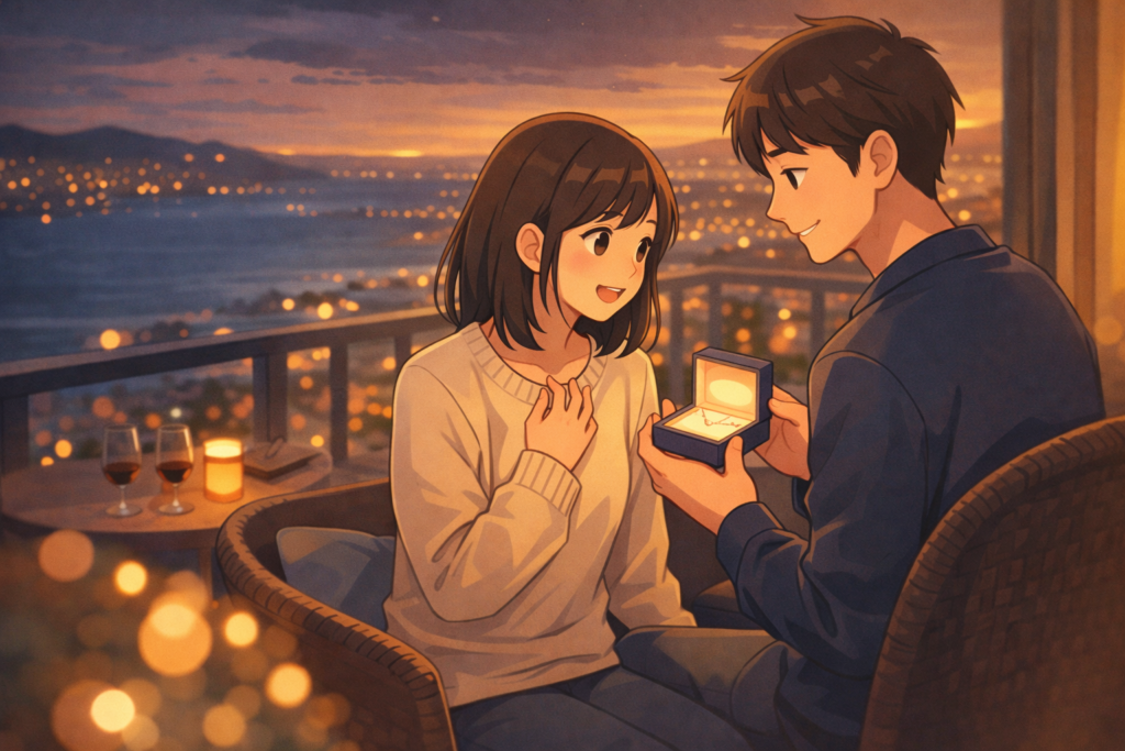 夕暮れのバルコニーでギフトを渡して感動する二人