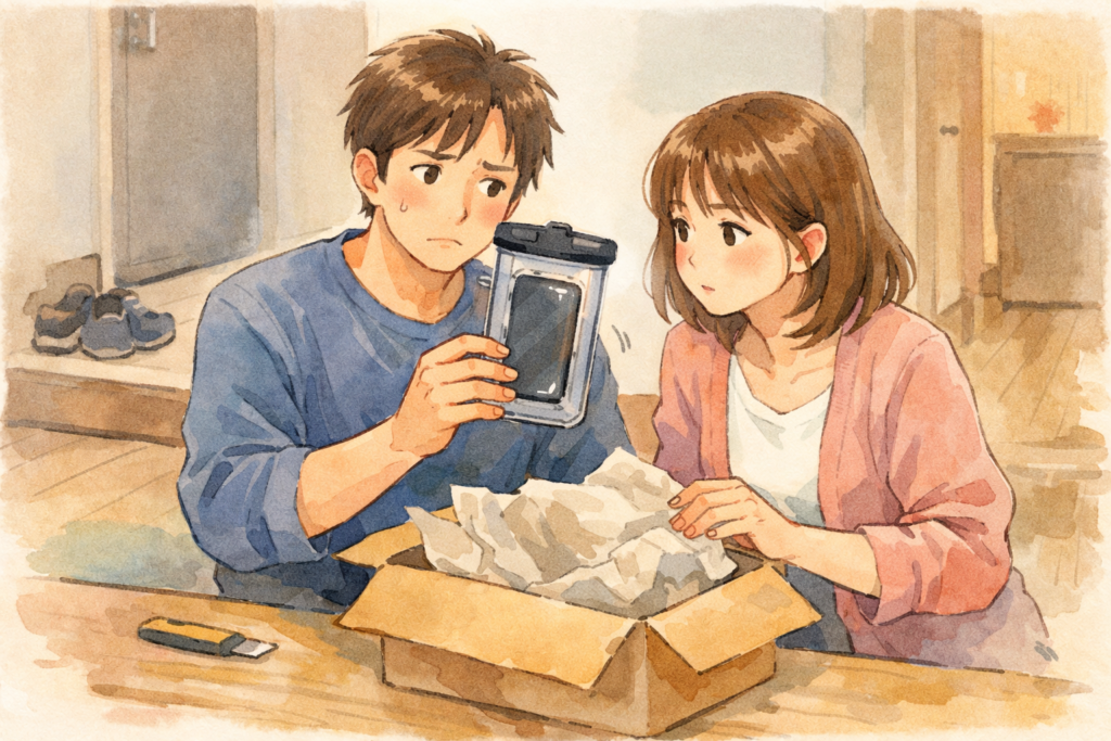 宅配の箱を開けて防水スマホケースを見て少し戸惑う夫婦のイラスト