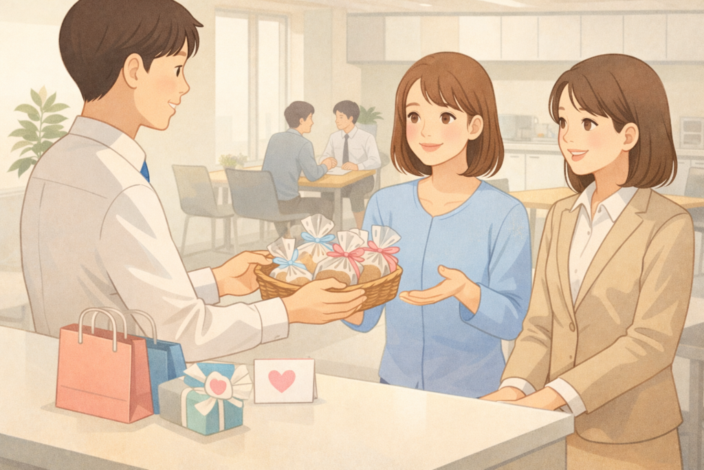 オフィスの休憩スペースで、個包装のお菓子を同僚に手渡す様子