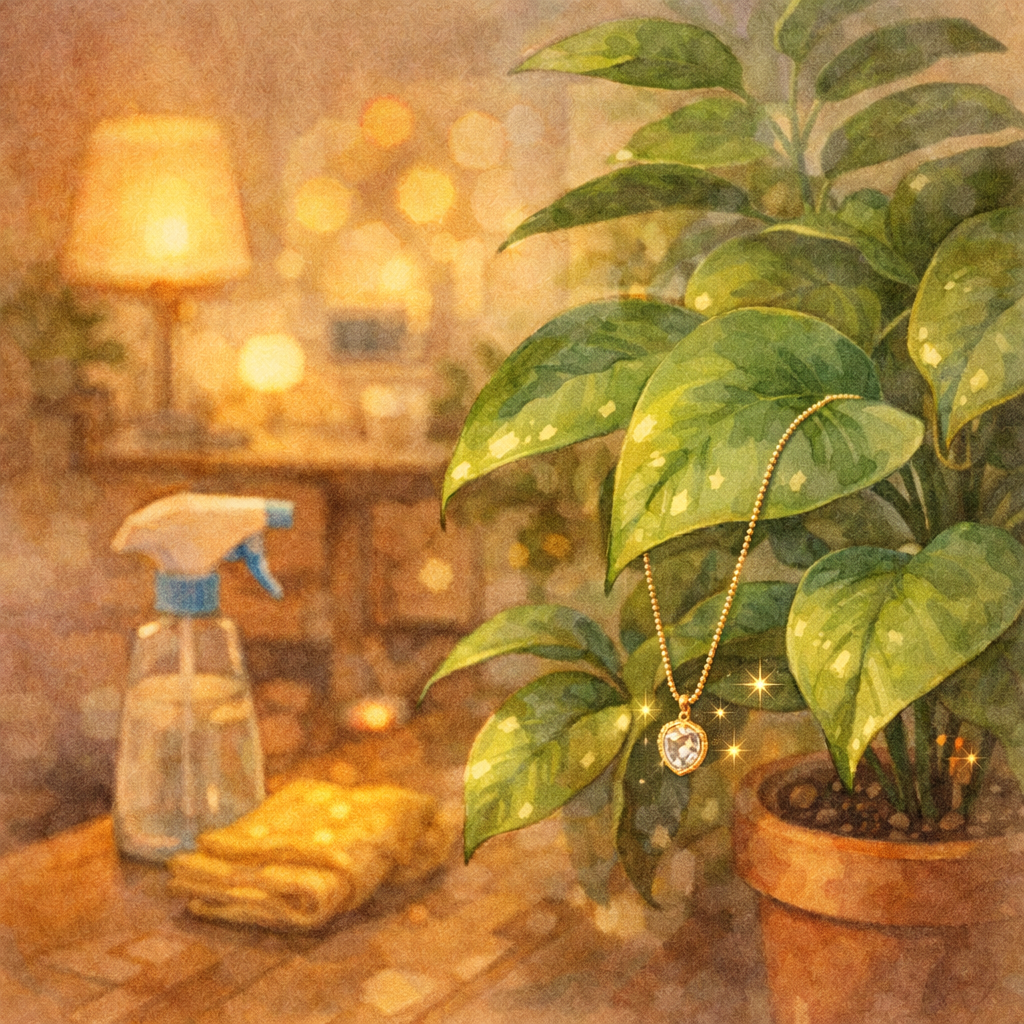 観葉植物の葉にゴールドのネックレスがそっと掛けられている、温かな室内のイラスト