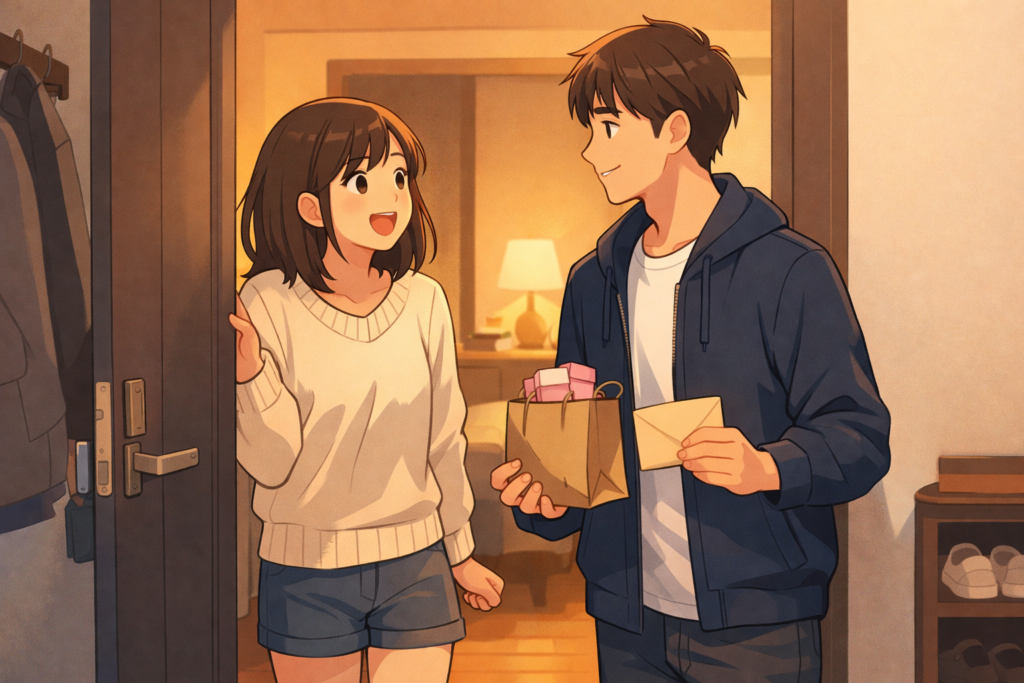 玄関先で手紙と小さなギフトを渡すサプライズの様子