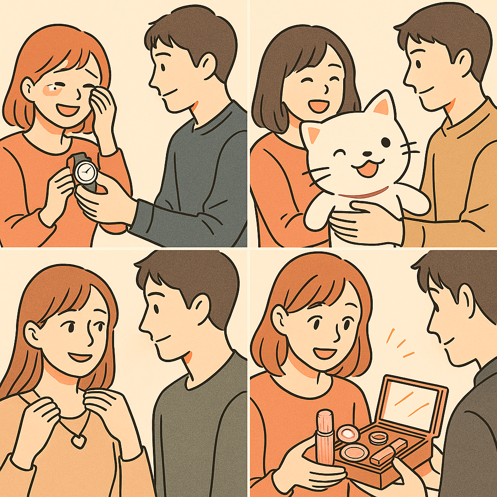 腕時計やぬいぐるみ、ネックレスやコスメなどを贈り合うカップルの心温まるイラスト集