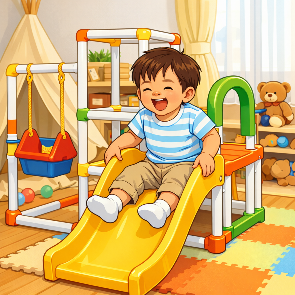 室内ジャングルジムと滑り台で楽しそうに遊ぶ2歳の男の子のイラスト