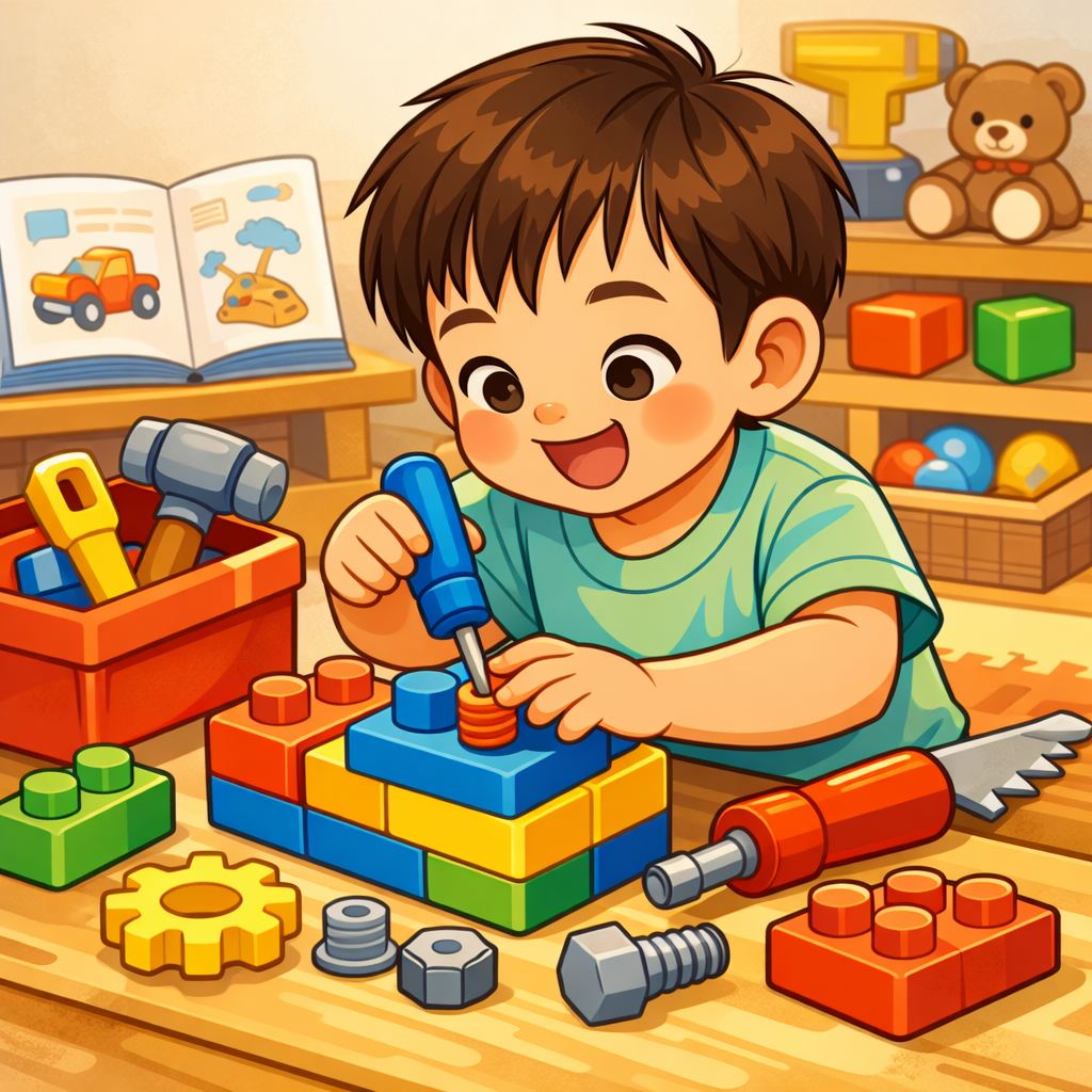 おもちゃのドライバーを使ってカラフルなブロックを組み立てる2歳の男の子のイラスト