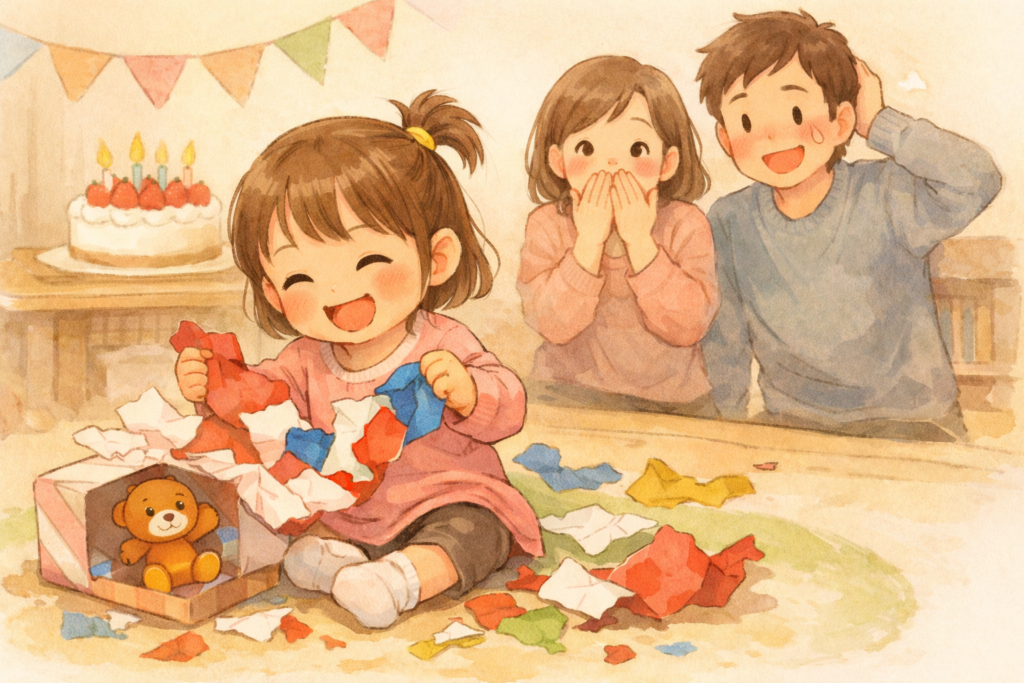 誕生日の部屋で幼児が包装紙を破いて笑い、周りに紙が散らばり、両親が見守っている様子