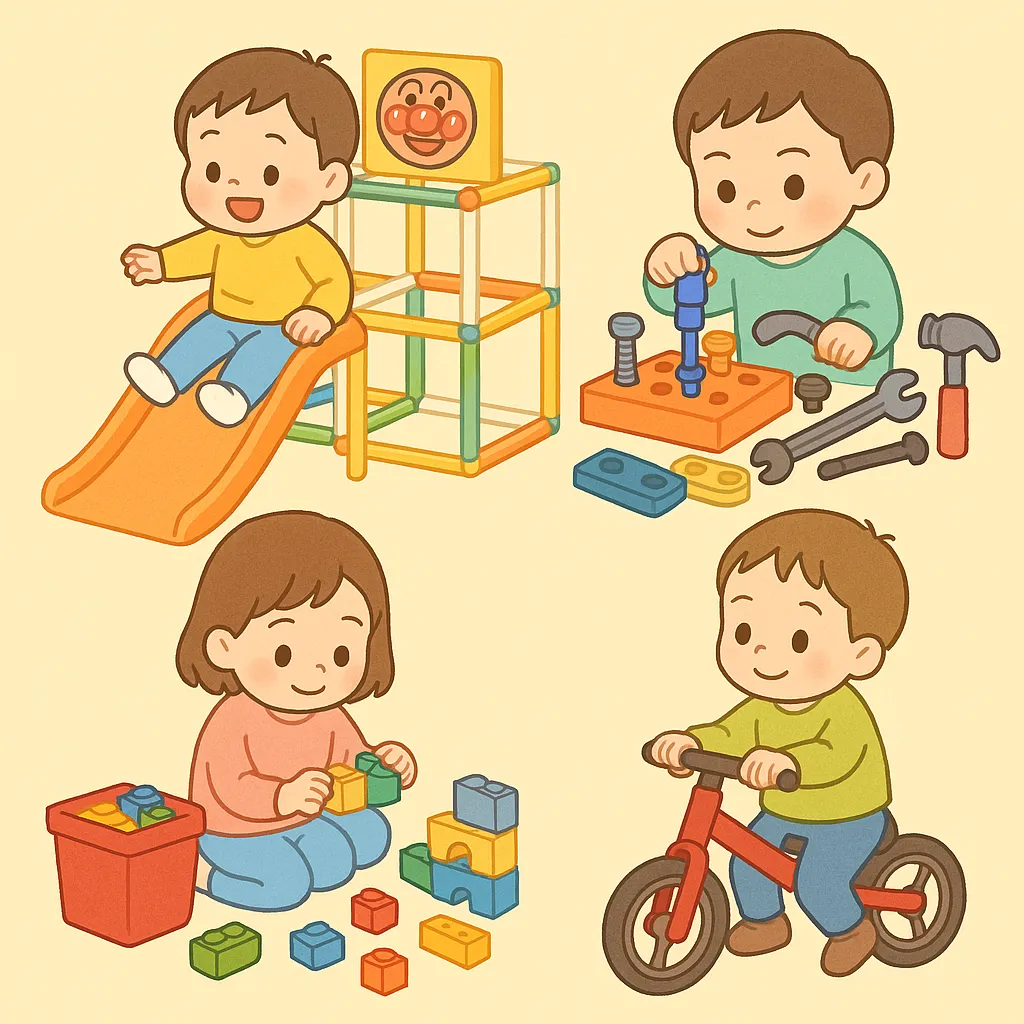 滑り台・工具・レゴ・ストライダーで遊ぶ2歳児たちの温かいイラスト