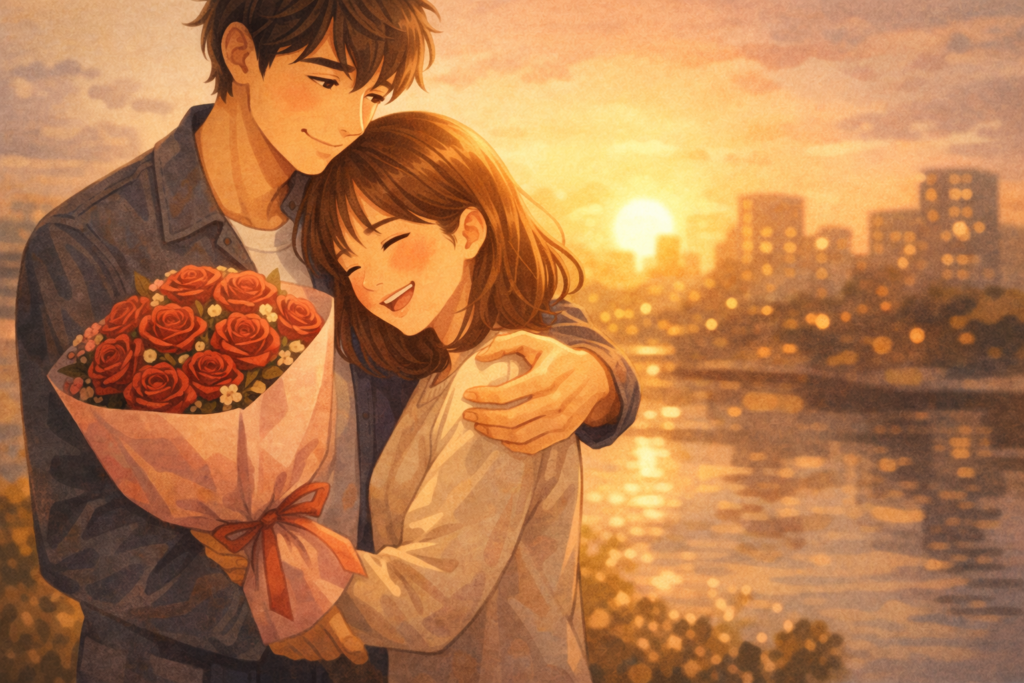 夕暮れの中、彼に抱き寄せられながら赤いバラの花束を受け取って笑顔を見せる女性のイラスト