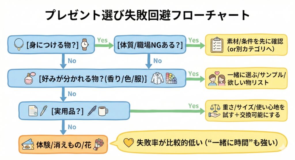 プレゼント選びの失敗を回避するためのフローチャート図。最初の質問「身につける物？」から始まり、Yes/Noの回答によって「体質確認」「一緒に選ぶ」「使い心地を試す」などの具体的な行動指針へ分岐し、最終的に失敗率が低いとされる「体験/消えもの/花」へと至る流れが示されている。