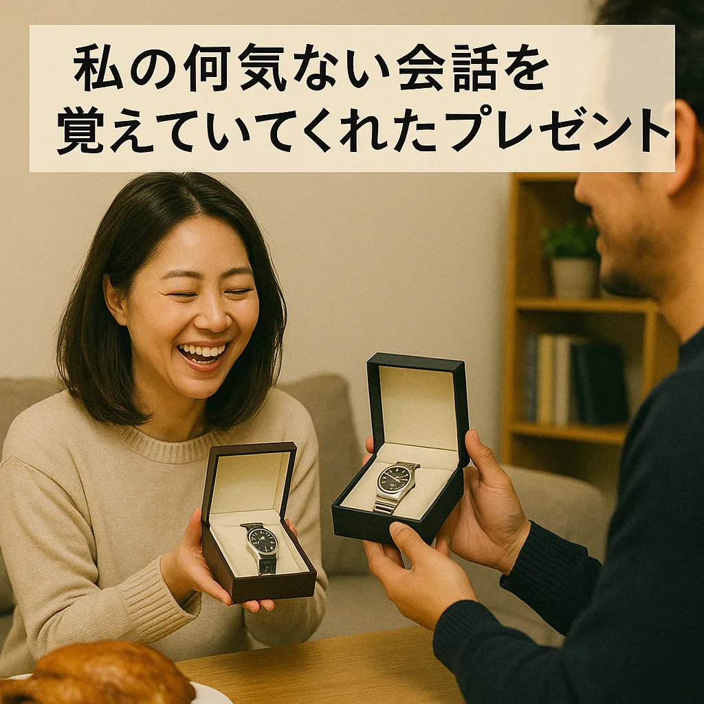 ペアウォッチを交換する夫婦と、笑顔ではしゃぐ女性の様子