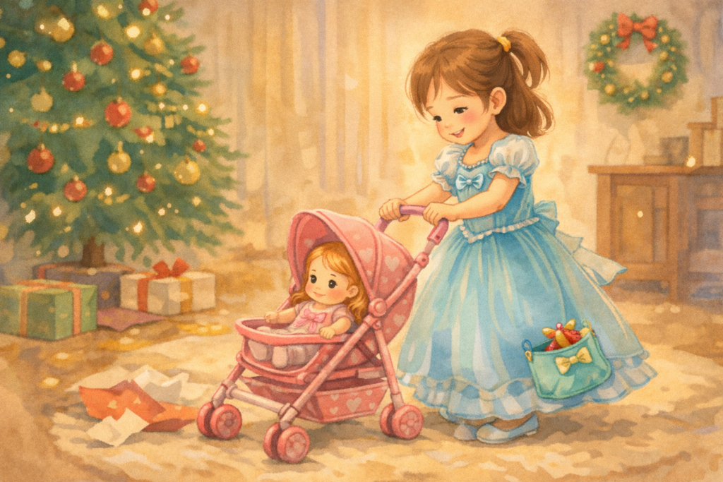 幼い女の子（2〜5歳くらい）がプリンセス風の衣装（汎用デザイン）を着て、お人形を乗せたおもちゃのベビーカーを押し、小さなバッグを持っている