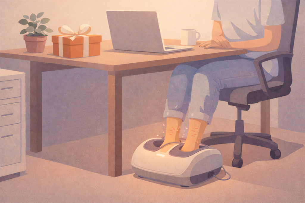デスクワークの足の疲れをフットマッサージ器でケアしている様子と、そばに置かれたプレゼント箱を描いたイラスト