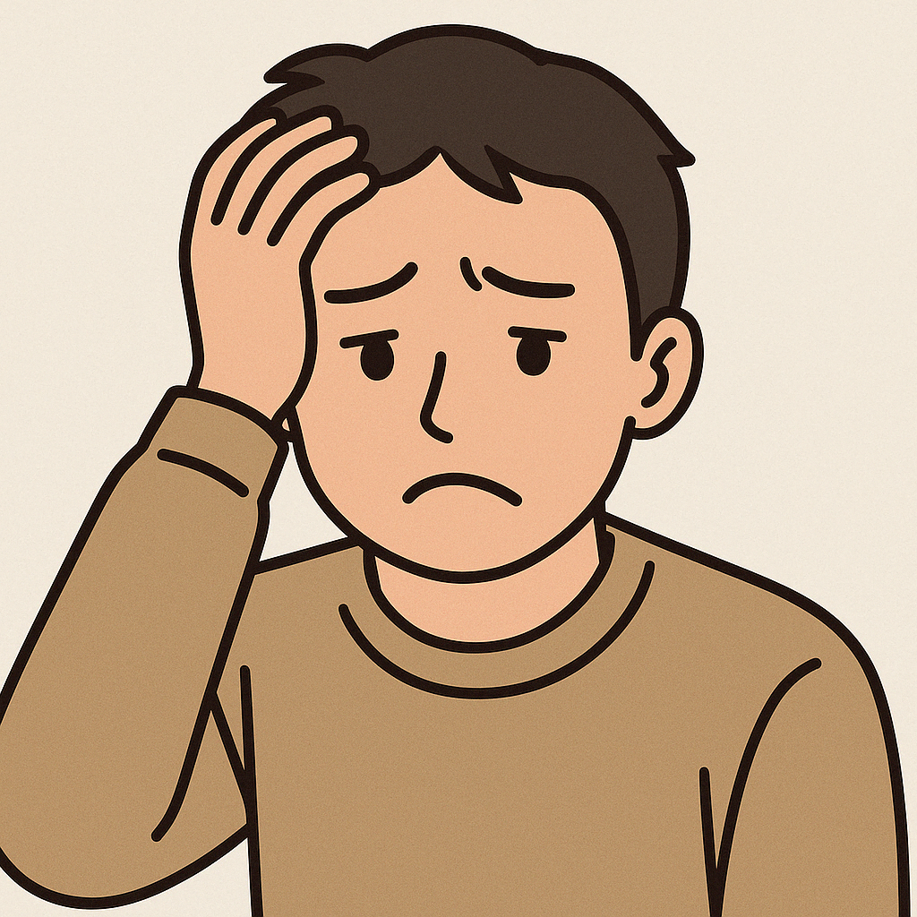 手で頭を抱える若い男性のイラスト（プレゼント失敗で悩む様子）