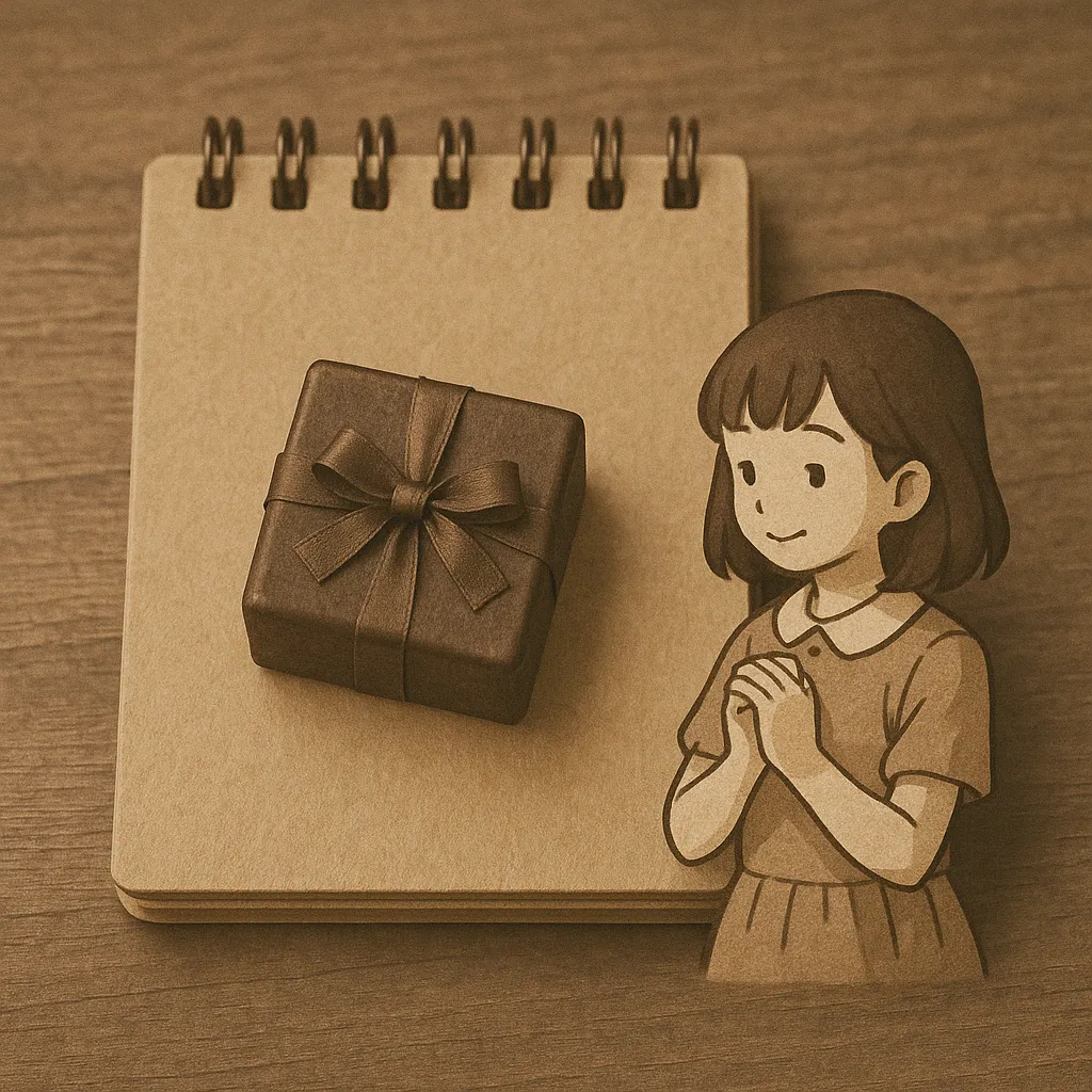 チョコレートの小箱とノートを見つめる女の子のフィギュアが並ぶ、セピア調で温かみのある写真風イメージ