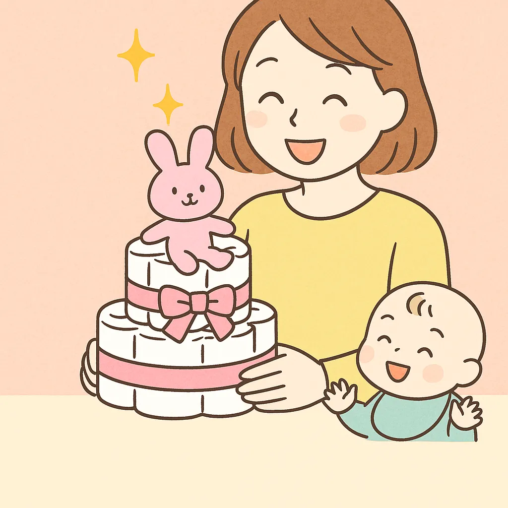 文字なしで描かれた、オムツケーキを持つ母と赤ちゃんの笑顔のイラスト