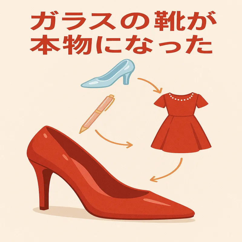 赤いハイヒールと関連アイテムが並ぶ、印象的なプレゼントの変化を描いた図