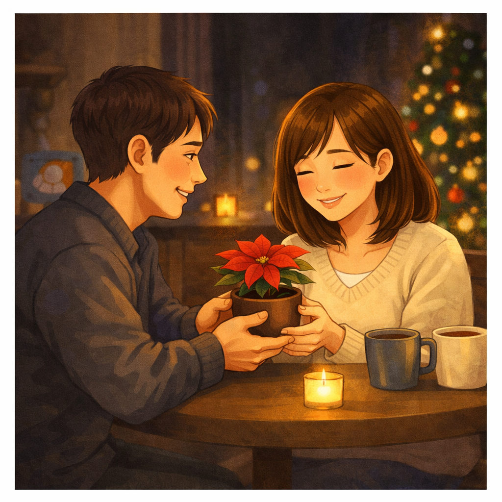 クリスマスの夜、自宅で夫からポインセチアをプレゼントされて嬉しそうに受け取る妻のイラスト