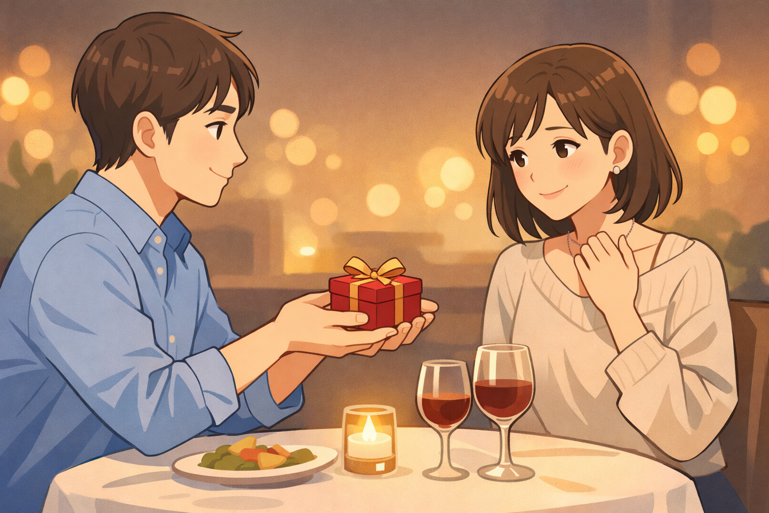 レストランで男性がプレゼント箱を差し出し、女性が笑顔で受け取りながら少し戸惑う様子のイラスト