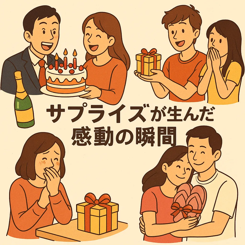 ケーキやプレゼント、抱きしめ合う恋人たちなど、感動するサプライズの瞬間が描かれたイラスト