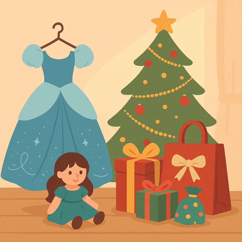 「シンデレラ風ドレスとクリスマスツリー、プレゼント、ぬいぐるみ人形が並ぶ室内イラスト