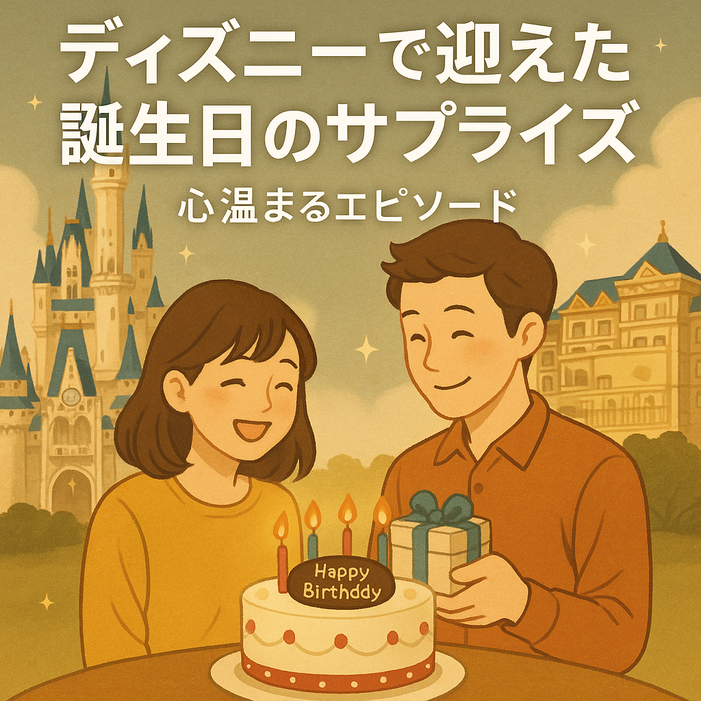 ディズニーランドホテル前で誕生日を祝うカップルとケーキ、シンデレラ城を背景にした心温まるイラスト