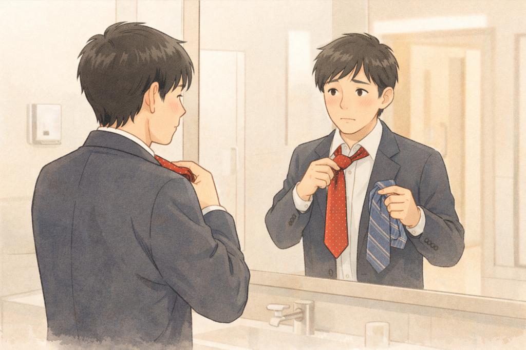 駅または職場の洗面所の鏡の前で、ネクタイを付け替えようとしているスーツ姿の男性のイラスト