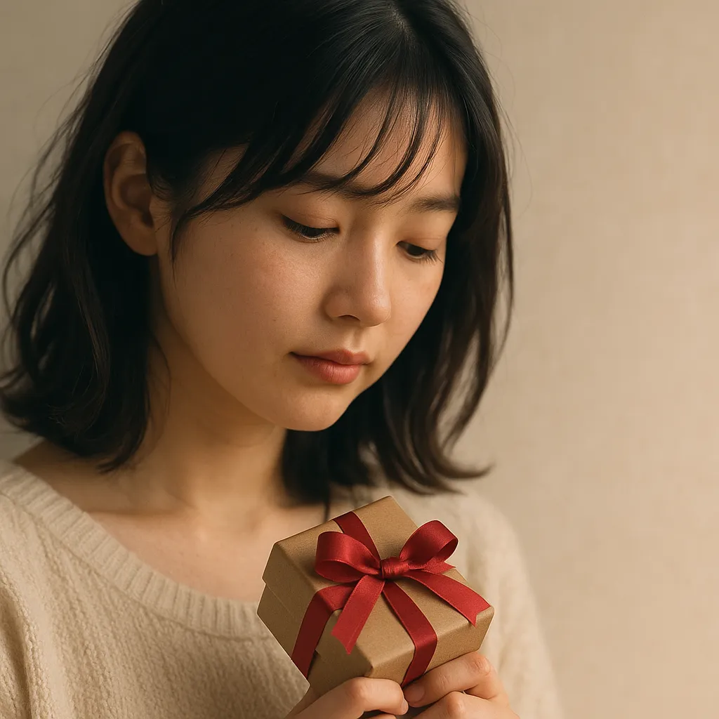 チョコレートのギフトを手に、思い出に浸る若い女性の表情