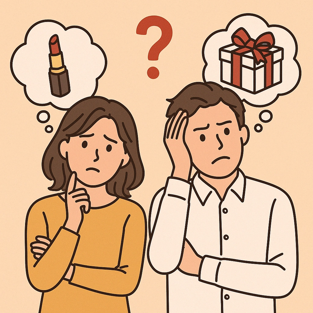 誕生日プレゼント選びに迷っている男女を描いたイラスト。口紅とプレゼントの思考バブルと困った表情が印象的。