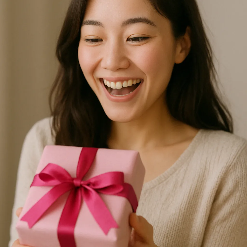 心のこもった贈り物を受け取って喜ぶ若い女性のリアルな笑顔