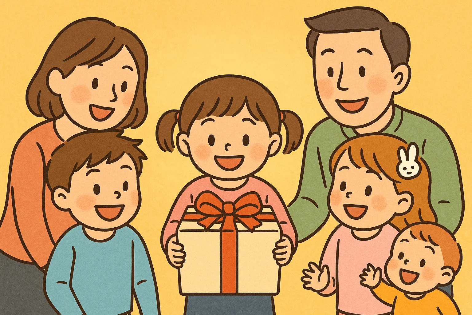 家族と子どもたちがプレゼントを囲み喜ぶ様子を描いたイラスト