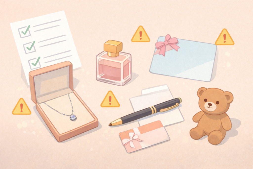 ネックレス、香水、ギフトカード、ペン、ぬいぐるみなどが並び、注意アイコンとチェックリストが添えられた俯瞰イラスト